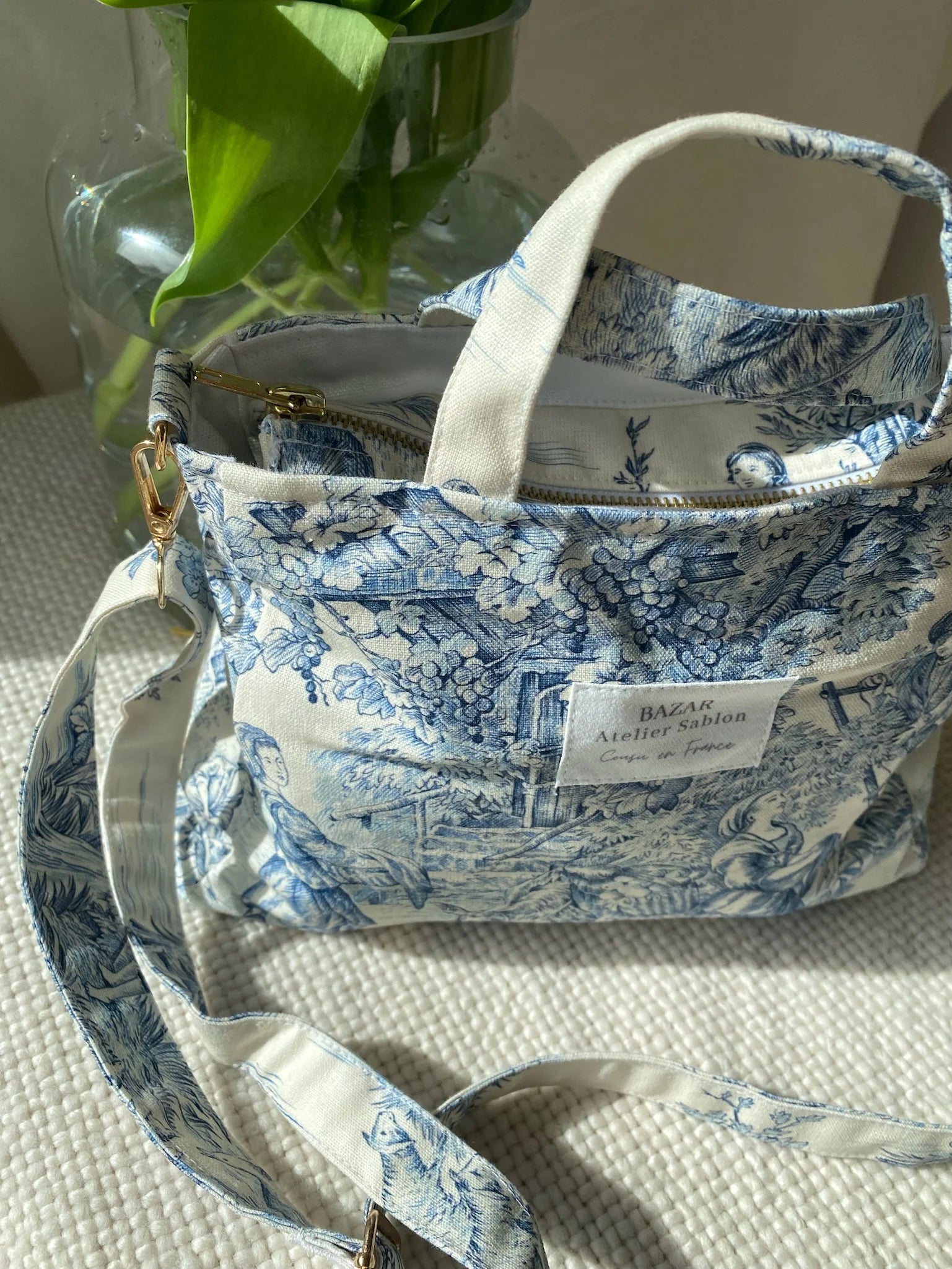 Mini cabas zippé en toile de Jouy made in France