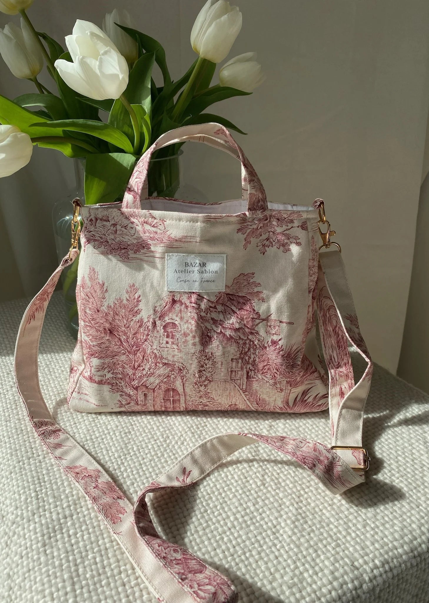 Mini cabas zippé en toile de Jouy made in France